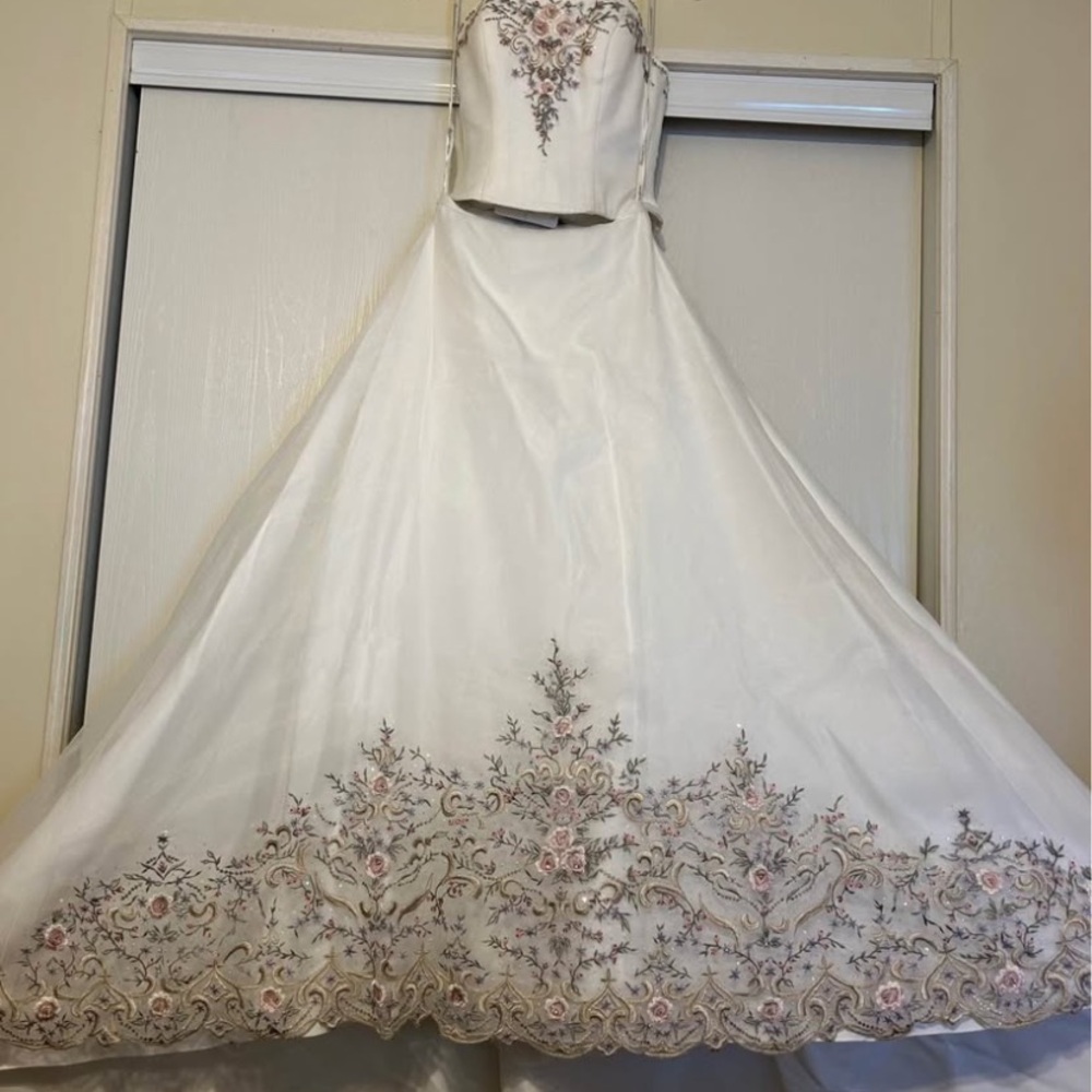 Oleg Cassini White and Pink Embroidered Wedding Dress